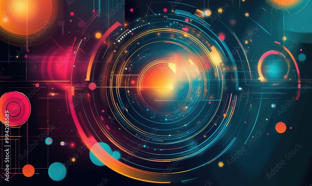Poster dynamic circular frames with drop circles illustrating ai technology and science in a vibrant 2d car