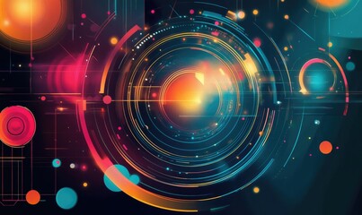 Obraz premium Dynamic circular frames with drop circles illustrating AI technology and science in a vibrant 2D cartoon style complemented by musical elements