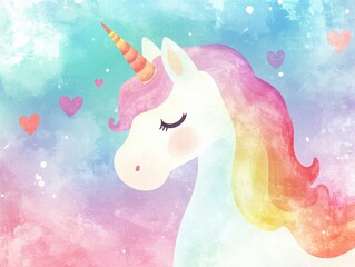 Obraz premium Pastel heart background featuring a whimsical rainbow unicorn design A magical fantasy inspired gradient ideal for romantic themes in a playful 2D cartoon style
