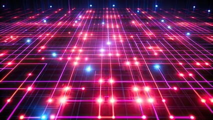 Fototapeta premium Neon grid of intersecting pink and blue lights.