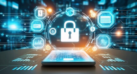 Fototapeta premium Cybersecurity Shield: Digital Fortress Protecting Data on a Laptop Screen 