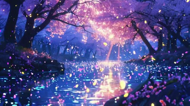 A tranquil pond lotus flowers and lily pads. A bridge stretches water birds sing and the soft chime of wind bells meditative ambiance, Cyan purple colours Manga Anime style 4K Lofi Animation Video