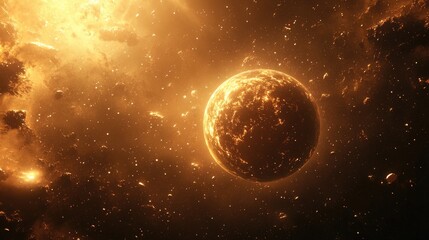 Obraz premium Cartoonish brown planet in a distant galaxy featuring a glowing sphere A cosmic globe shines in the universe resembling a fantasy comet or meteor in an otherworldly setting