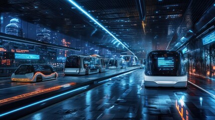 A futuristic transport system with autonomous vehicles and smart infrastructure, representing the next generation technology era, with space for text.