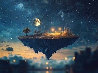 Obraz premium Fantasy floating island in the sky featuring stars and a moon alongside a modern asphalt road and streetlight in a nighttime setting