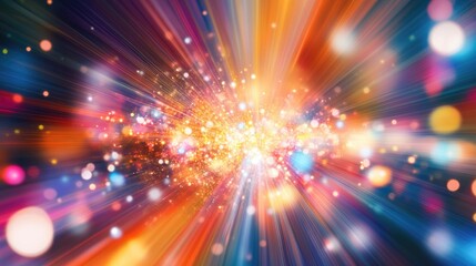 Fototapeta premium Vibrant rays of light converge at a central point forming a dynamic abstract scene Blurred color streaks mingle with sparkling lights on a dark background