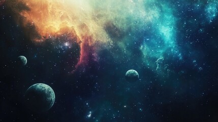 Obraz premium Colorful nebula in deep space featuring planets and a galaxy rendered in 3D illustration
