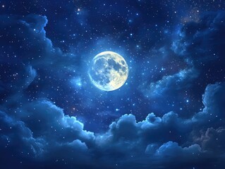 Night sky featuring a full moon and twinkling stars creating a captivating fantasy backdrop