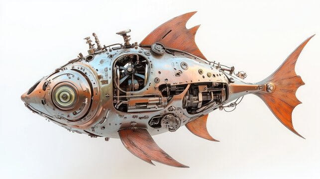 Steampunk inspired mechanical fish in a minimalist style showcasing imaginative robot and machine design against a white backdrop