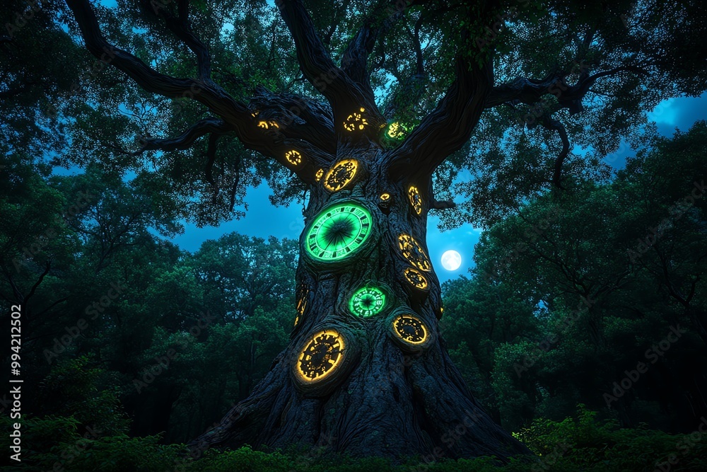 Poster A towering tree with clock faces embedded in its trunk, glowing in soft green and gold hues. The forest around it is bathed in the light of a full moon, casting eerie shadows among the ancient