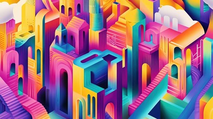 Obraz premium This vibrant illustration features an optical maze filled with staircases towers and hidden passages