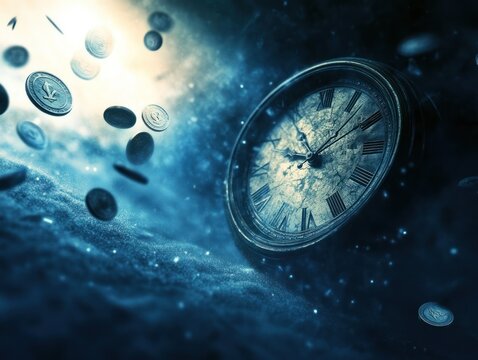 Roman numerals clock and coins floating through space
