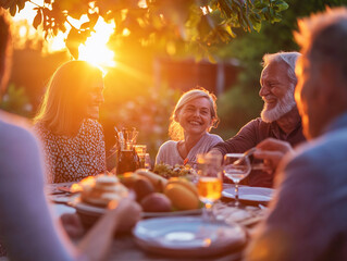 A family is gathered around a table with food and drinks