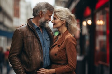 Naklejka premium A man and woman are hugging on a street corner