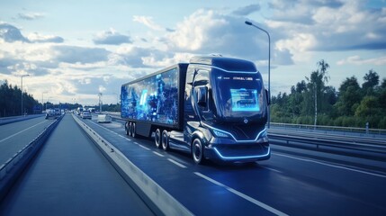 An autonomous truck that drives on highways with a futuristic user interface