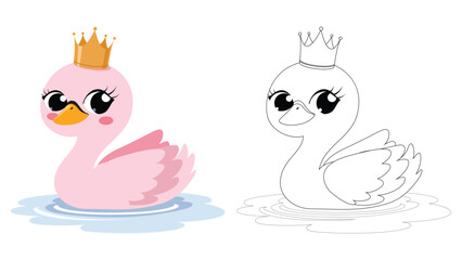 Cute Swan Princess cartoon coloring pages for children education