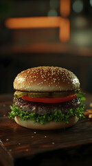 Delicious burger sits on a wooden table in a restaurant setting.