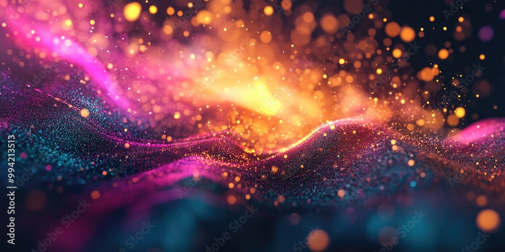 Poster colorful abstract particles in a 3d rendered background creating a vibrant and dynamic visual experi