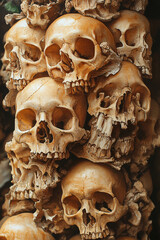 Stack of human skulls and bones in a haunting, dark atmosphere. Perfect for horror, Halloween, and death-themed visuals.
