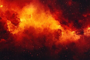 Naklejka premium Vibrant red space nebula featuring a dark red and orange gradient with a grungy smoke texture Abstract blaze and flame backdrop showcasing red and yellow watercolor effects with powder explosion