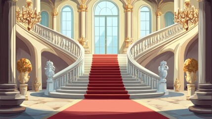 Obraz premium Cartoon illustration of a lavish castle hall featuring a marble staircase opulent ballroom elements elegant pillars arch windows a red carpet decorative vases and a chandelier