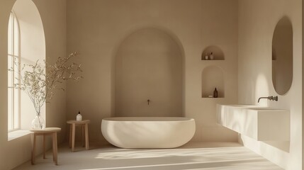 A minimalist bathroom with clean lines, monochromatic colors, and functional fixtures, creating a calm environment