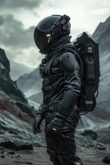 Fototapeta premium Futuristic astronaut in a black exosuit exploring an alien landscape 3D illustration