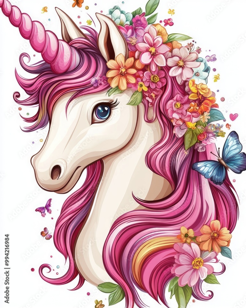 Wall mural adorable white unicorn with a pink horn and vibrant mane adorned with flowers and butterflies 2d car