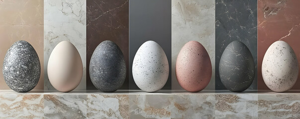 Seven Textured Eggs Rest on a Marble Shelf with Matching Marble Backgrounds