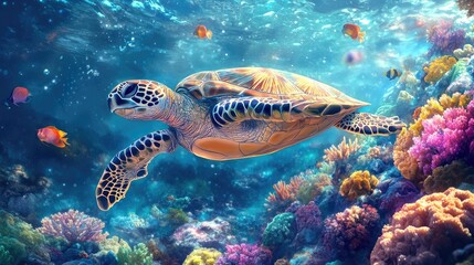 Turtle with colorful fish and coral underwater in the ocean