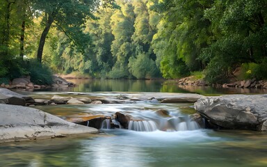 Obraz premium Tranquil river flowing through lush forest with smooth, flowing water.