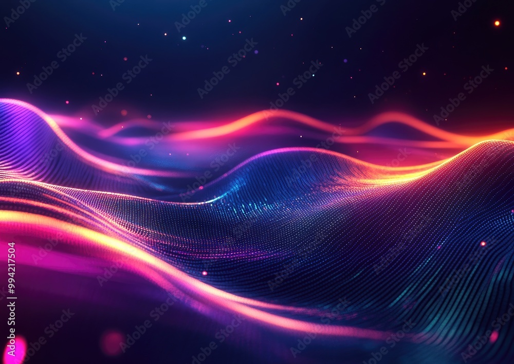 Poster glowing wavy lines template featuring colorful lighting in a dark setting creating an abstract backg