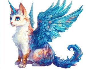 Obraz premium Fantasy unicorn cat with blue wings illustrated in 2D against a white backdrop