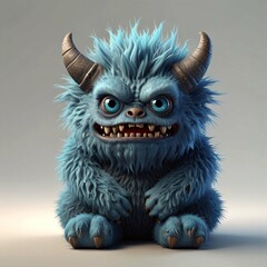 Fototapeta premium Cute blue furry monster 3D cartoon character