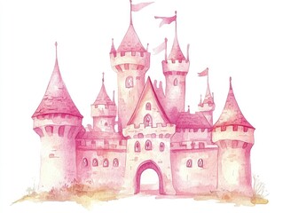 Obraz premium Whimsical fairy tale castle illustration in pink watercolor hand painted and isolated on a white background Perfect for baby shower invitations children s greeting cards and nursery decor