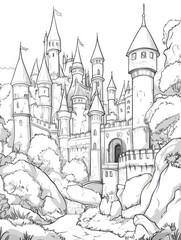 Obraz premium Black and white 2D cartoon fairytale themed search game featuring a medieval castle landscape Find hidden objects in this simple fantasy seek and find activity or coloring page
