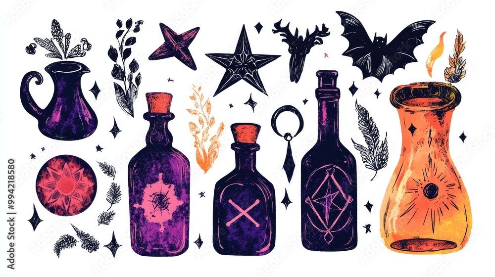 Wall mural mystical vibrant illustration featuring occult esoteric and gothic symbols including bottles and a p