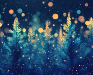 Fototapeta premium Fantasy Christmas blue pine forest backdrop featuring 2D cartoon elements Ideal for green garden tree wedding invitations with bokeh light effects