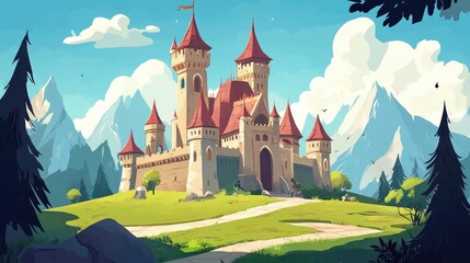 Medieval castle illustration featuring a hand drawn 2D cartoon style inspired by folklore and fantasy themes often associated with a famous literary character