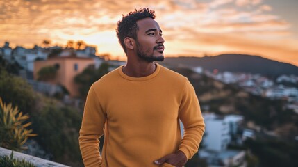 A man in a yellow sweater stands on a hill overlooking a city