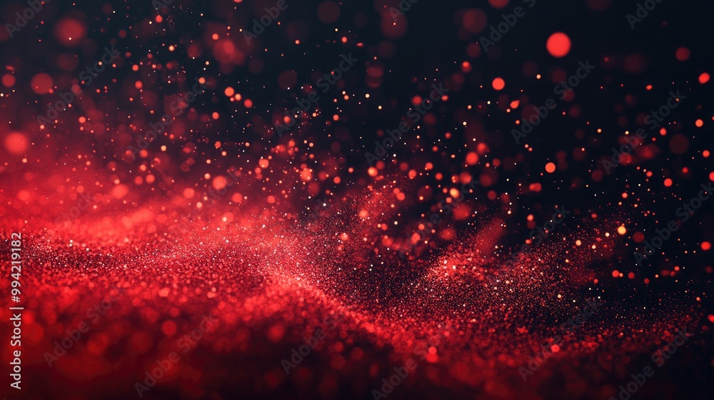Poster dynamic red flying particles on a dark background creating an abstract and visually striking banner 