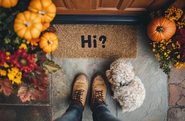 Feet near welcome mat with flowers, pumpkins, and small dog at doorstep

