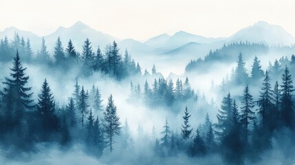 Obraz premium Watercolor illustration of a foggy forest landscape in winter