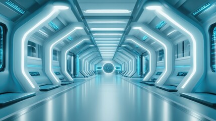 Futuristic science lab with illuminated corridors and selective focus featuring a sci fi aesthetic in a 3D rendering