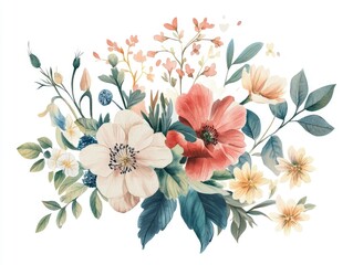 Fantasy floral arrangement in retro vintage and Jacobean bouquet style beautifully illustrated with watercolor and gouache on a clean white background