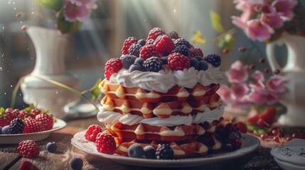 A mouthwatering stack of warm Belgian waffles topped with fresh berries, perfect for a vibrant and appetizing breakfast image.

