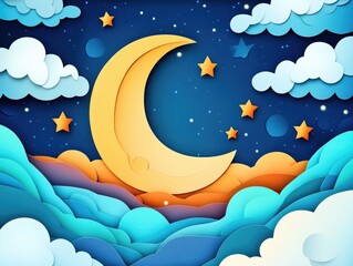 Obraz premium Dreamy paper art style depicting a night sky featuring a half moon stars and clouds against an abstract fantasy background