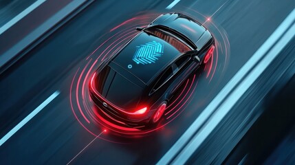 In future, Autonomous smart car will scan the road for hazards. IOT concept in autonomous self-driving mode with graphic sensors and radar signals. Top view of the futuristic smart car with the