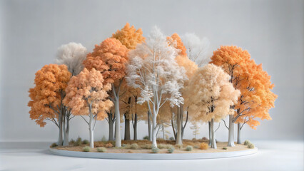 Lush tree crowns in pastel tones on a wooden stand