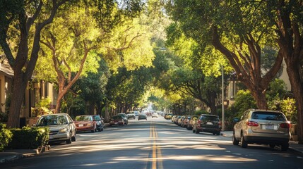 Obraz premium Wide street filled with trees and cars alongside buildings